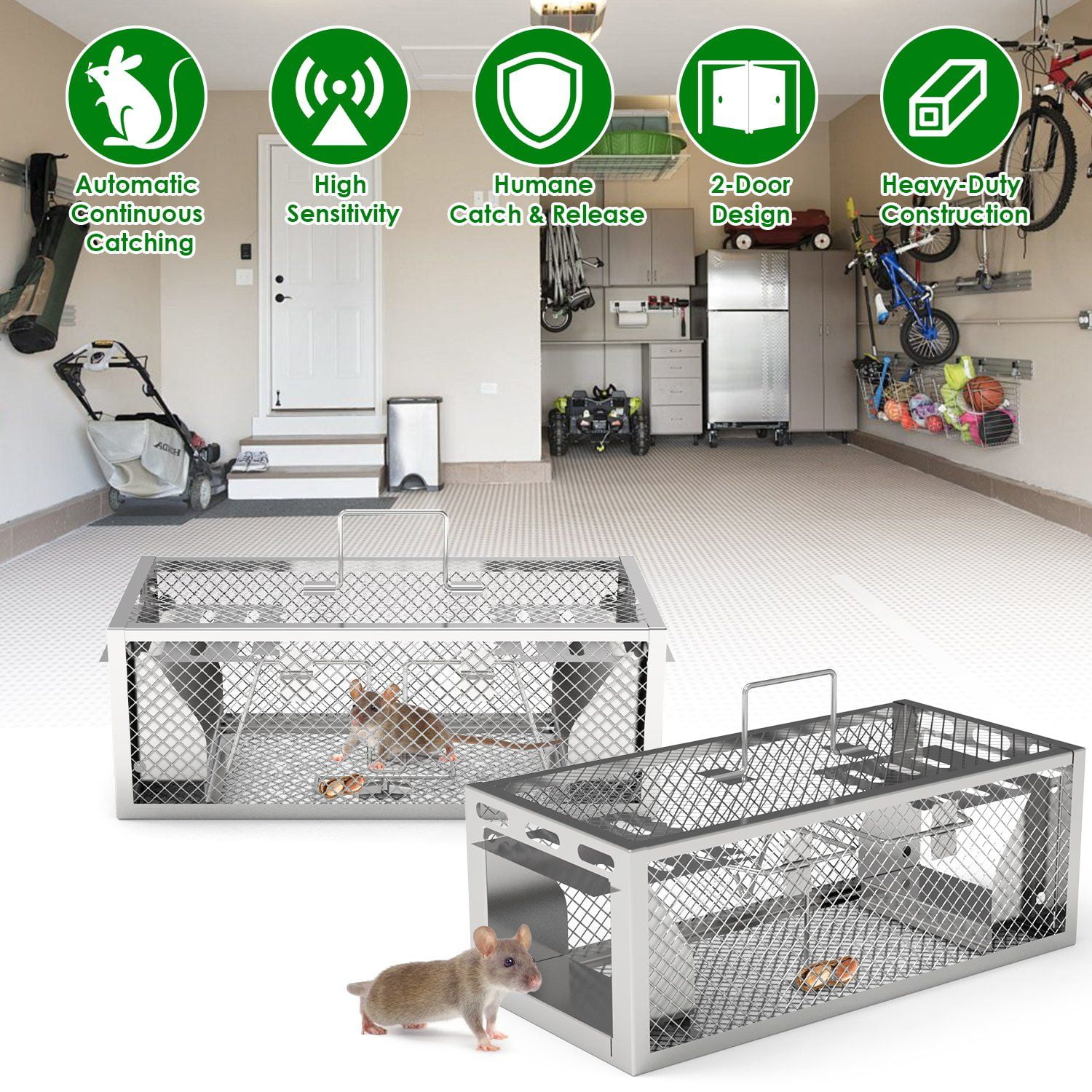 2 Pack 2-Door Humane Rat Trap Automatic Continuous Mouse Trap Reusable Galvanized Iron Live Animal Cage, 11.81x5.63x4.45in