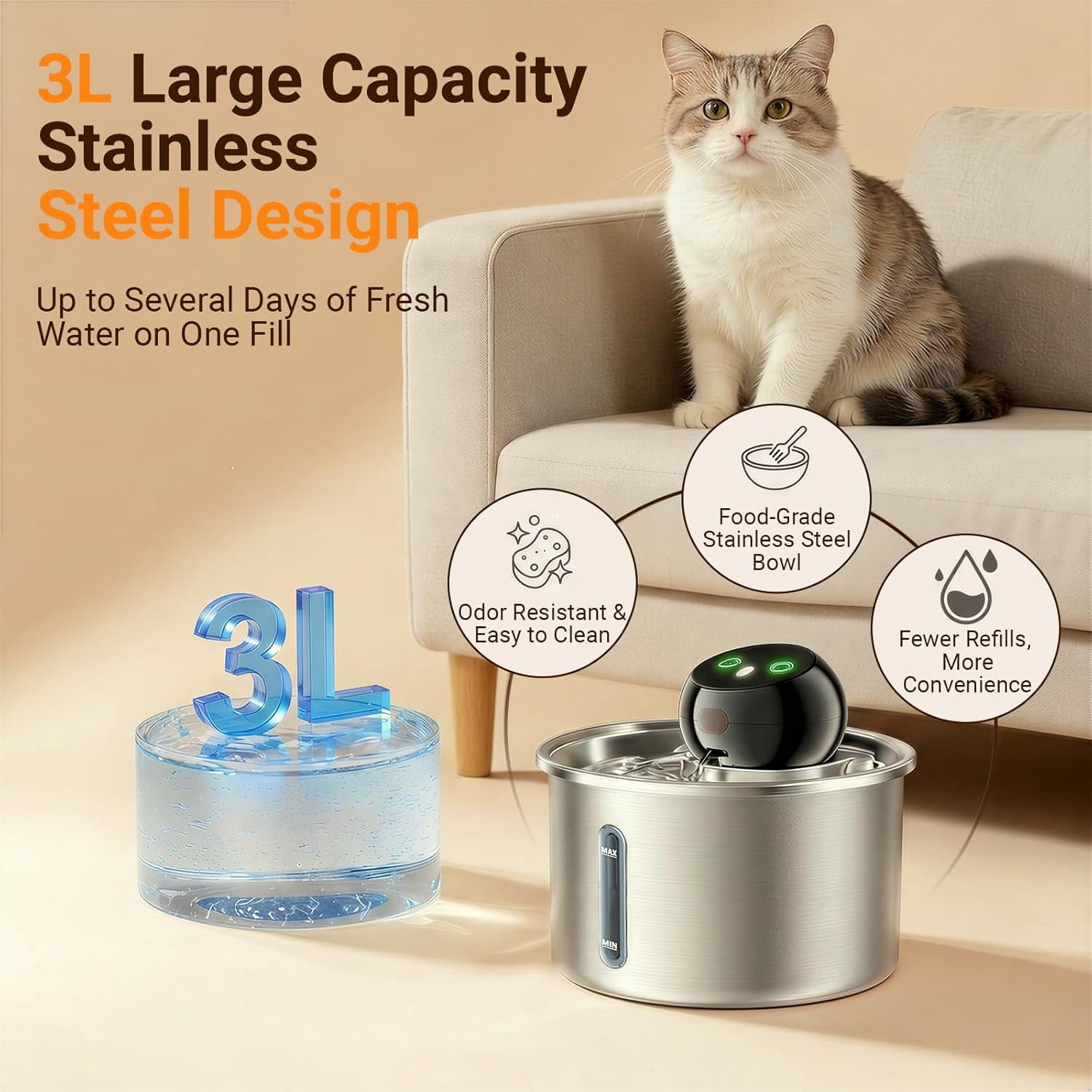 Stainless Steel Cat Water Fountain, 4L/135oz Large Capacity Automatic Pet Water Fountain for Cats & Small Dogs, Quiet USB Powered Pet Water Dispenser with 4 Filters & 4 Sponges