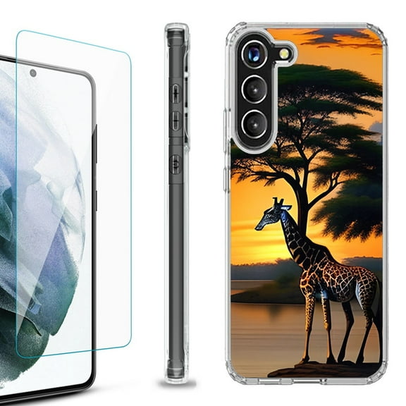 Shockproof Bumper Phone Case for Samsung Galaxy S23 5G, with Tempered Glass Screen Protector, by OneToughShield ® - Giraffe Sunset