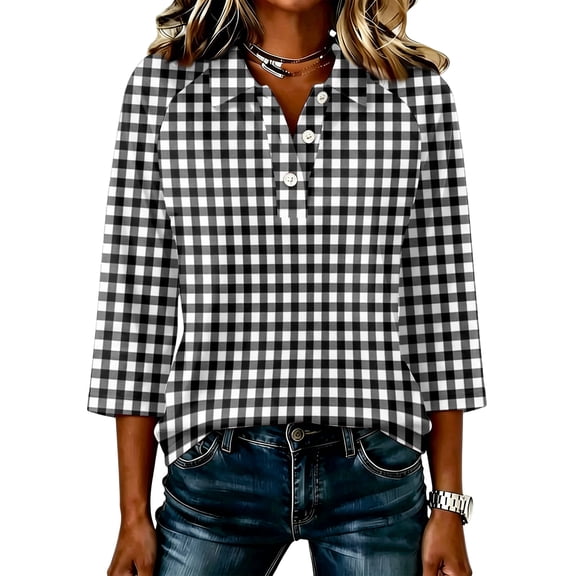 JULMCOMO Polo Shirts for Women Gingham Plaid Print Collared Button 3/4 Sleeve Loose Trendy Golf Shirts Summer Vacation Outfits Black 3XL