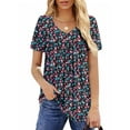 thumbnail image 3 of UVN Womens Blouses Summer V Neck Shirts Ladies Short Sleeve Casual Pleated Floral Tunic Tops, 3 of 9