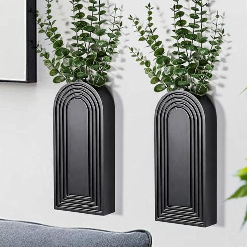 2 Pack Wooden Wall Vase Set - Black Finish Modern Farmhouse & Boho Wall Decor for Entryway, Hallway, Bathroom, Living Room, Dining Room, Narrow Spaces
