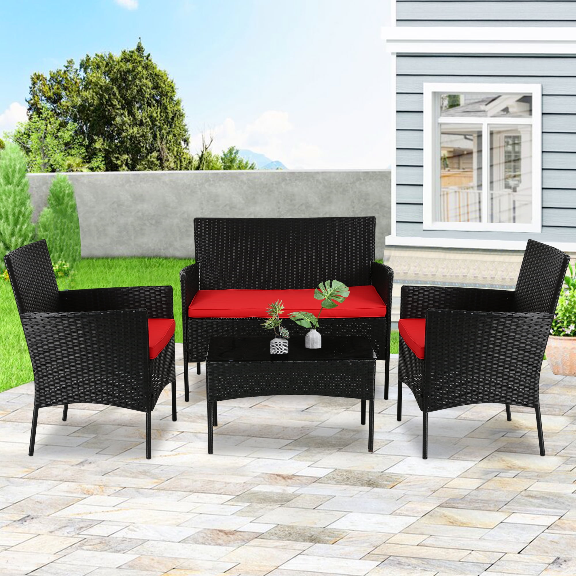 YRLLENSDAN Patio Furniture Set 4 Piece, Wicker Sofa Set Rattan Chair