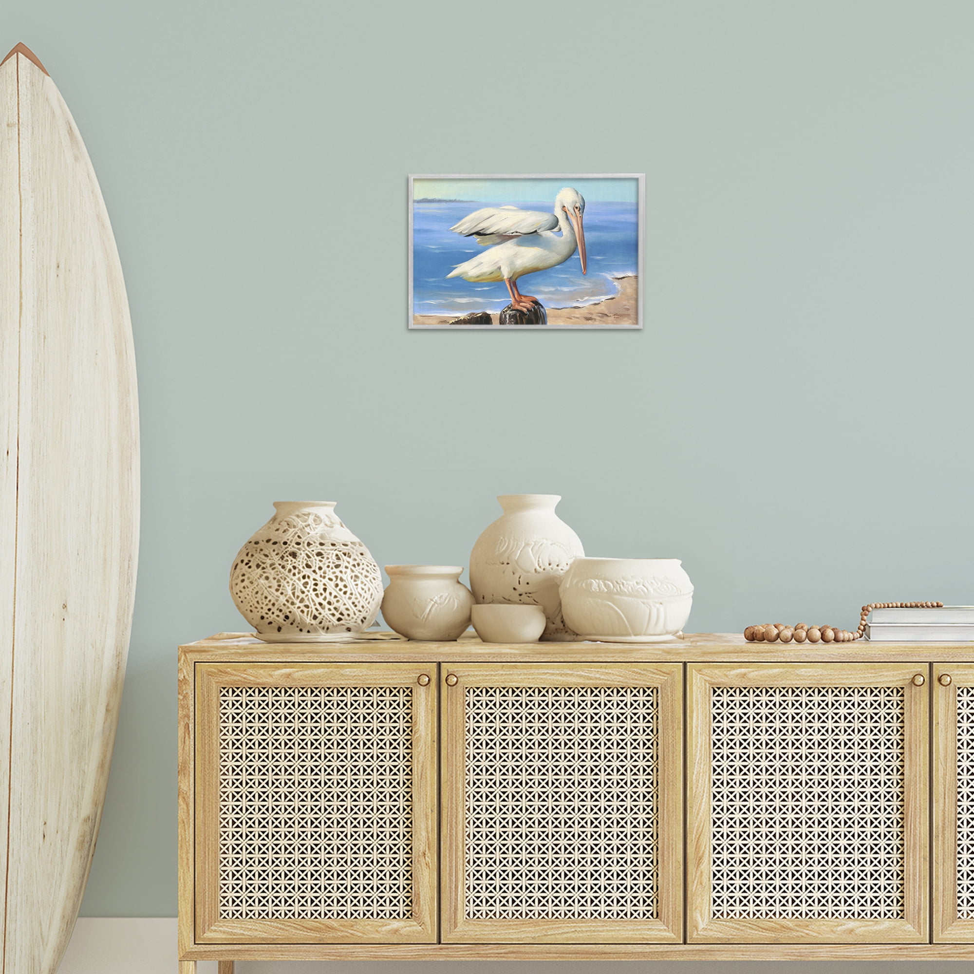 Stupell Industries Beach Scene Pelican Animals & Insects Painting Gray Framed Art Print Wall Art, 18 x 12