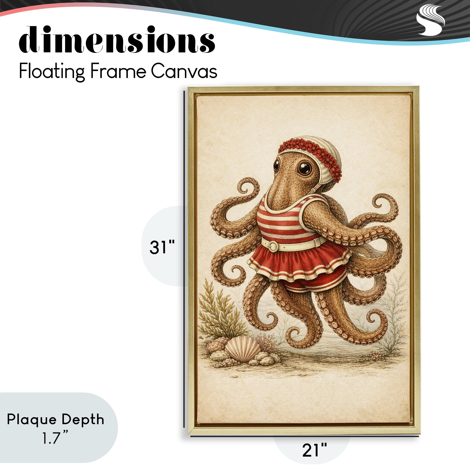 Stupell Industries Octopus of Maritime Bathing Society Gold Framed Floater Canvas Wall Art, design by Grotto Studios