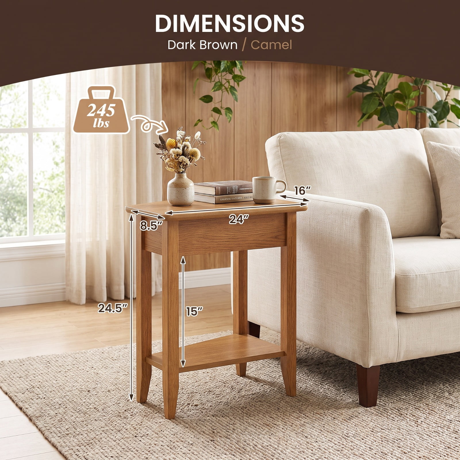 Furnibear 2 Tier Wedge Narrow End Table with Storage Shelf and Solid Rubber Wood Legs for Small Spaces and Sofa Side, Walnut