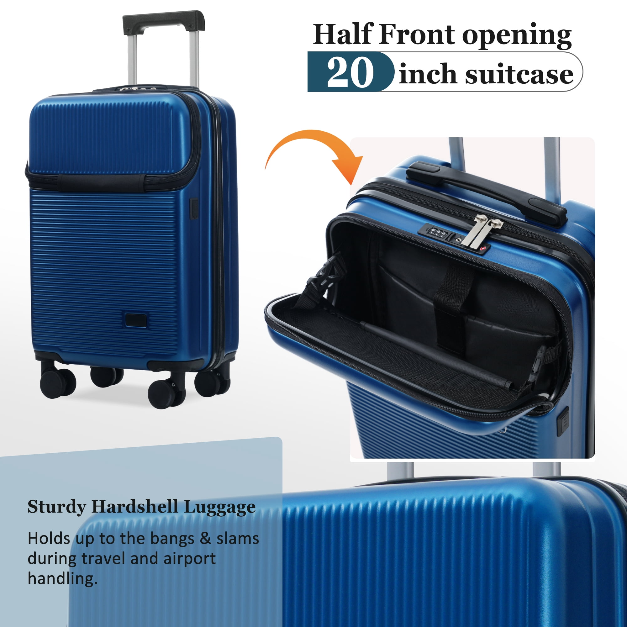 Euroco 5 Piece Luggage Sets, 20" Carry-On Luggage with Half-Opening & USB Port, 20/24/28inch Lightweight Travel Suitcase Set with TSA Lock, Double Spinner Wheels & 2 Travel Duffel Bags,Blue