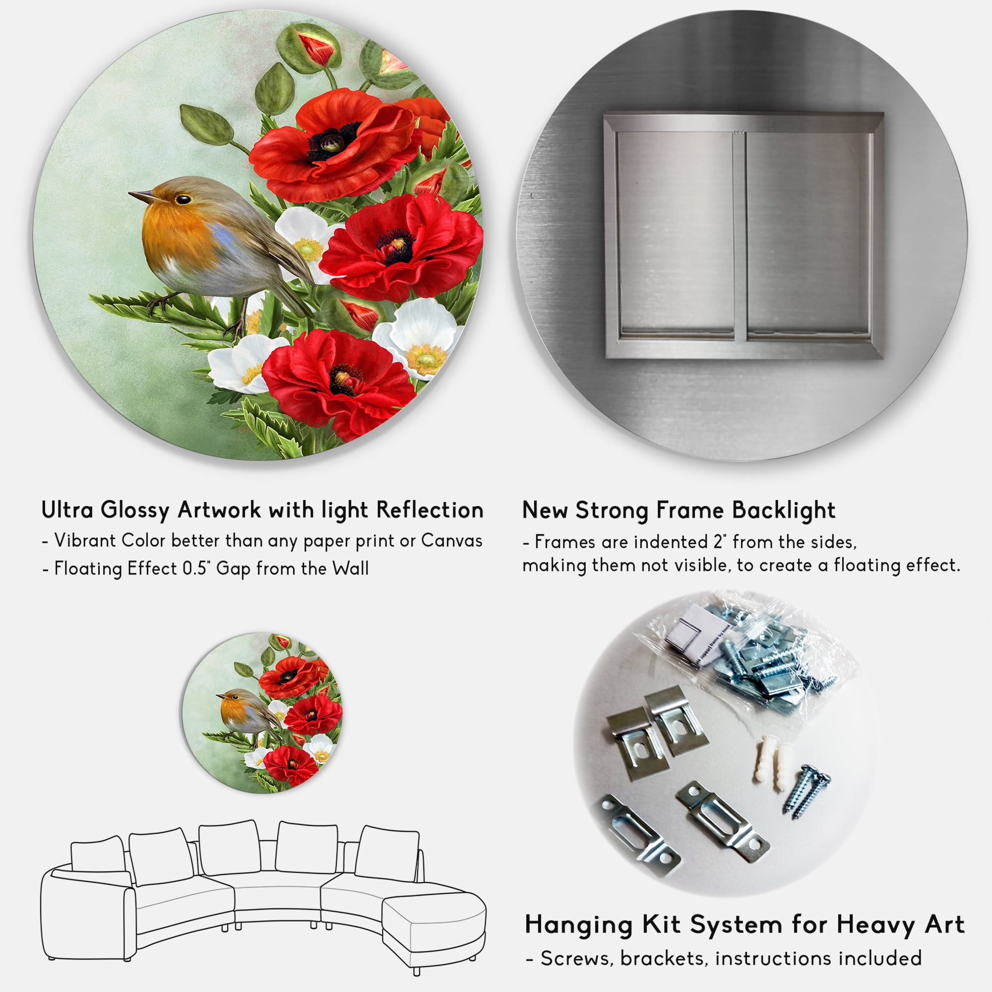 Designart 'Red Poppies and White Anemones With Yellow Bird' Traditional Circle Metal Wall Art 23x23 - Disc of 23