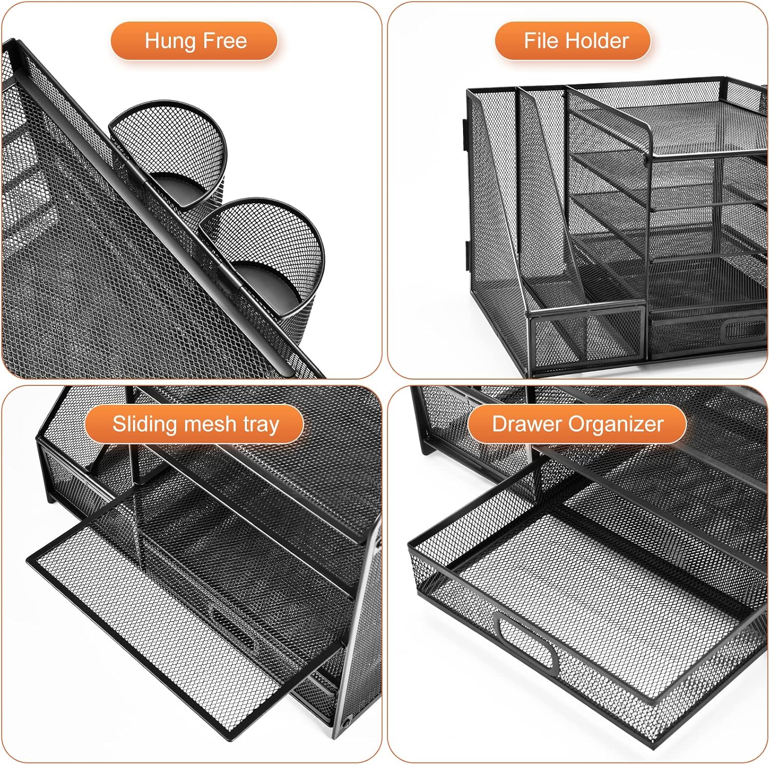 Organizador de escritorio Behome con portaarchivos, organizador de archivos de escritorio de 5 niveles con cajón y 2 portalápices, para oficina y hogar, negro 2