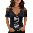 thumbnail image 2 of Puntoco Mujeres Damas Calavera Estampado Manga Corta Jersey V-Cuello Encaje tops Camisas Blusa Puntoco Puntoco-4712, 2 of 8