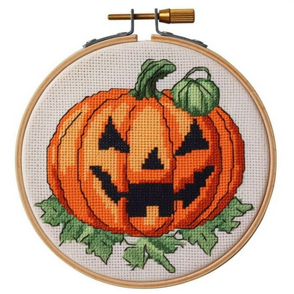 Generic Counted Easy Cross Stitch Kits Pumpkin Halloween Color Stamped Embroidery for Starter Kits DIY 11CT Stamped Patterns Embroidery Needlework Kit Supplies 12 Inch Hoop Included(52-f)