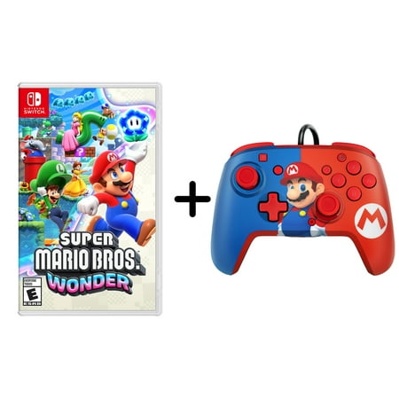 Super Mario Bros. Wonder + PDP Faceoff Deluxe Plus Audio Wired Controller (Mario) - Nintendo Switch