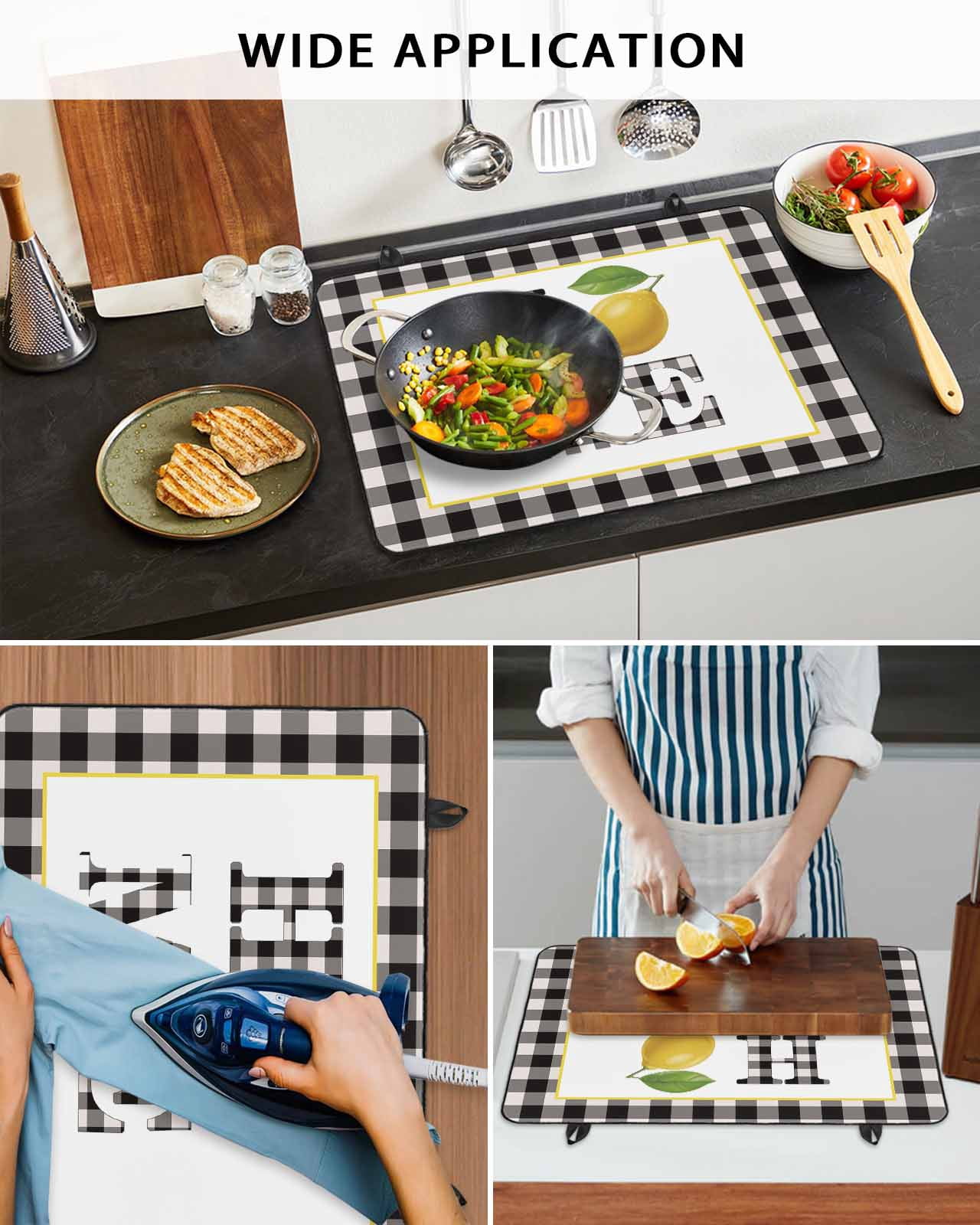 Large Induction Cooktop Protector Mat Lemon Stove Top Covers for Electric Stove, Summer Botanical Black White Plaid Pastoral Decorative Stove Burner Cover Mats, Glass Top Stove Cover