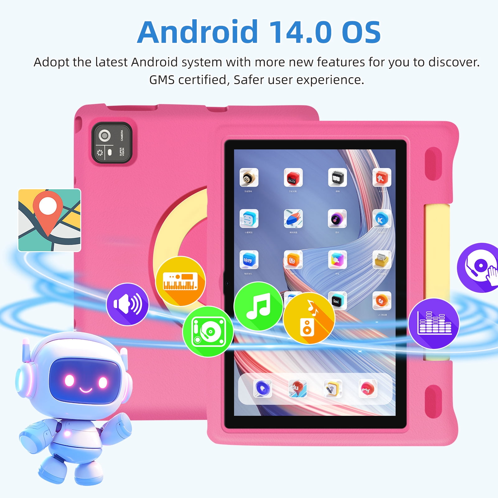 Kids Tablet, 10.1 inch IPS HD Touchscreen Android 14 64 GB Storage, 8GB RAM, Octa Core Tablet for Kid with Kid-Proof Case, Parental Controls, 12-hr Battery, WiFi, GPS – Pink