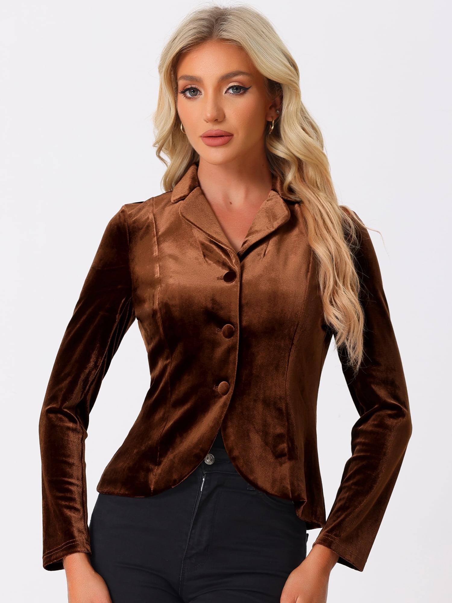 DARING DIVA Women's Notched Lapel Long Sleeve Office Velvet Blazer XL Brown