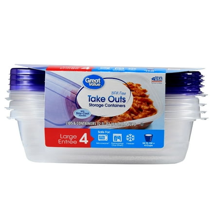 (2 pack) Great Value Take Outs Storage Containers with Lids, BPA Free, 32 fl oz, 4 Count