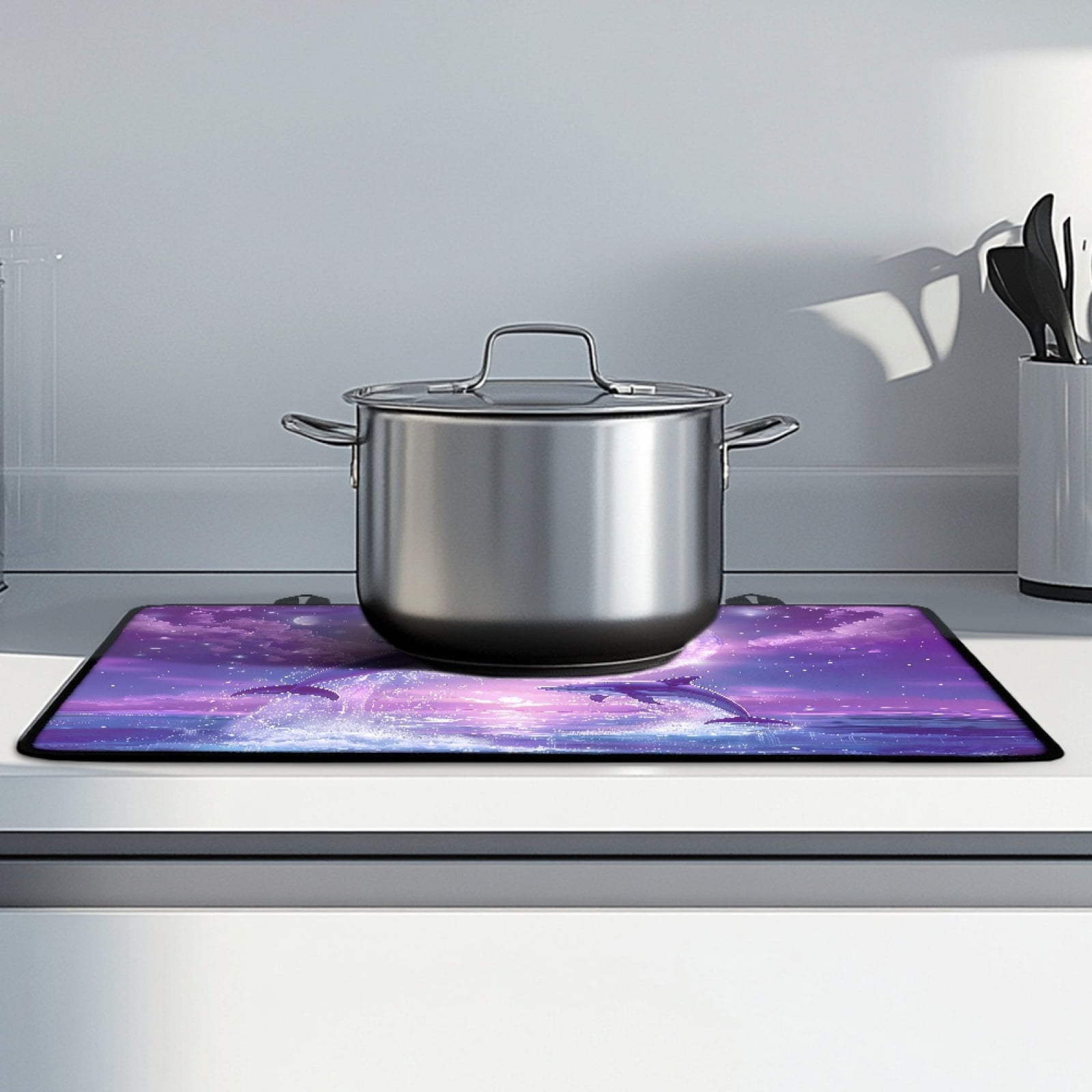 Xoenoiee Dolphin Moon Cloud Print Stove Top Cover for Electric Stove, Silicone Stove Mat for Glass Top Stove, Glass Cooktop Protector Dish Drying Mats Range Covers for Electric Stover