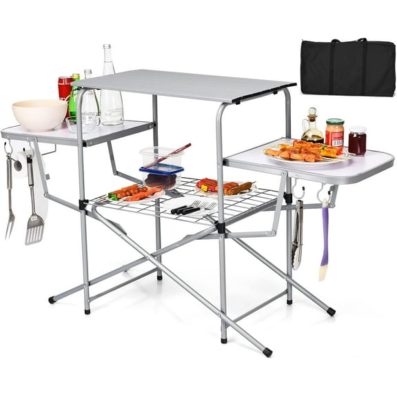IUKRYU Folding Camping Dining Table, Silver, with Side Tables & Shelf, Outdoor BBQ Table, Portable Picnic Table, 18"D x 57.5"W x 32"H