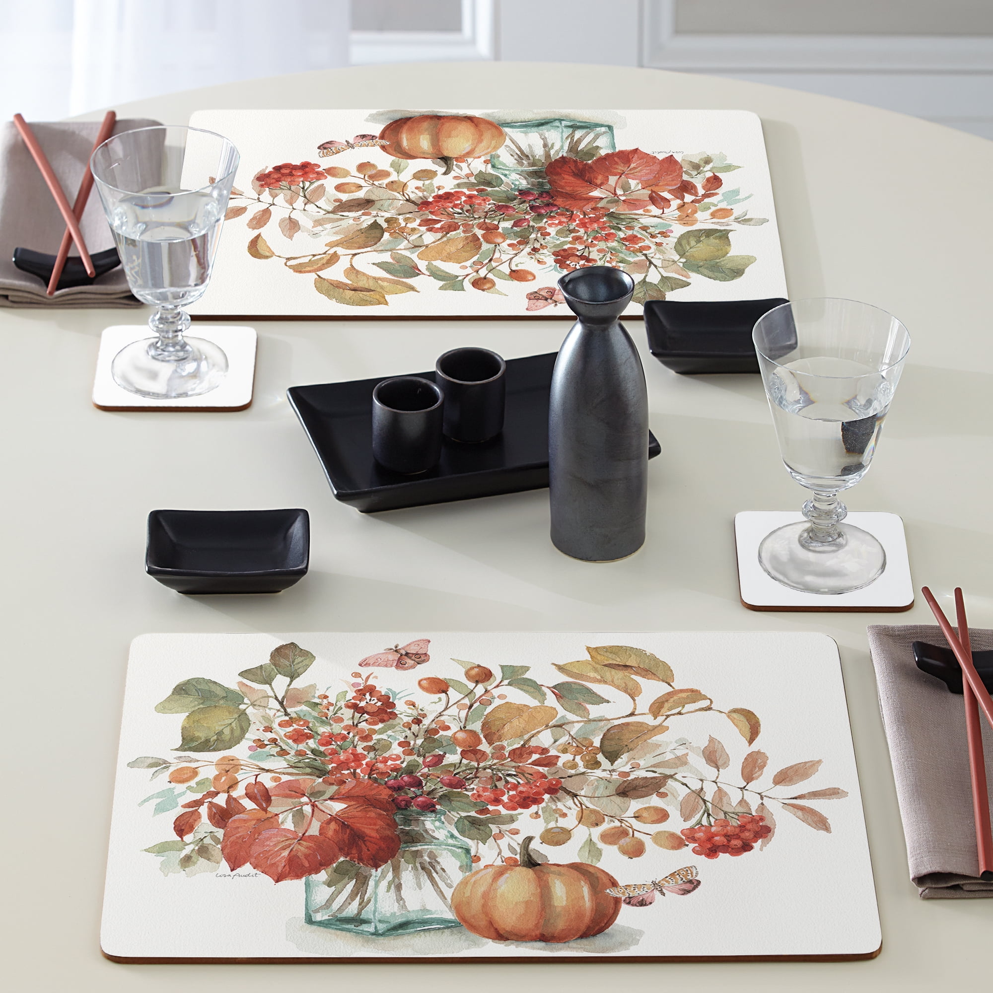 Cala Home "Autumn In Nature" Premium Decorative Hardboard Cork Back Tabletop Placemats 4 Pack