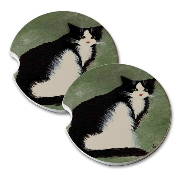 KuzmarK Sandstone Car Drink Coaster (set of 2) - Tuxedo Maine Coon Cat on Sage Green Cat Art by Denise Every