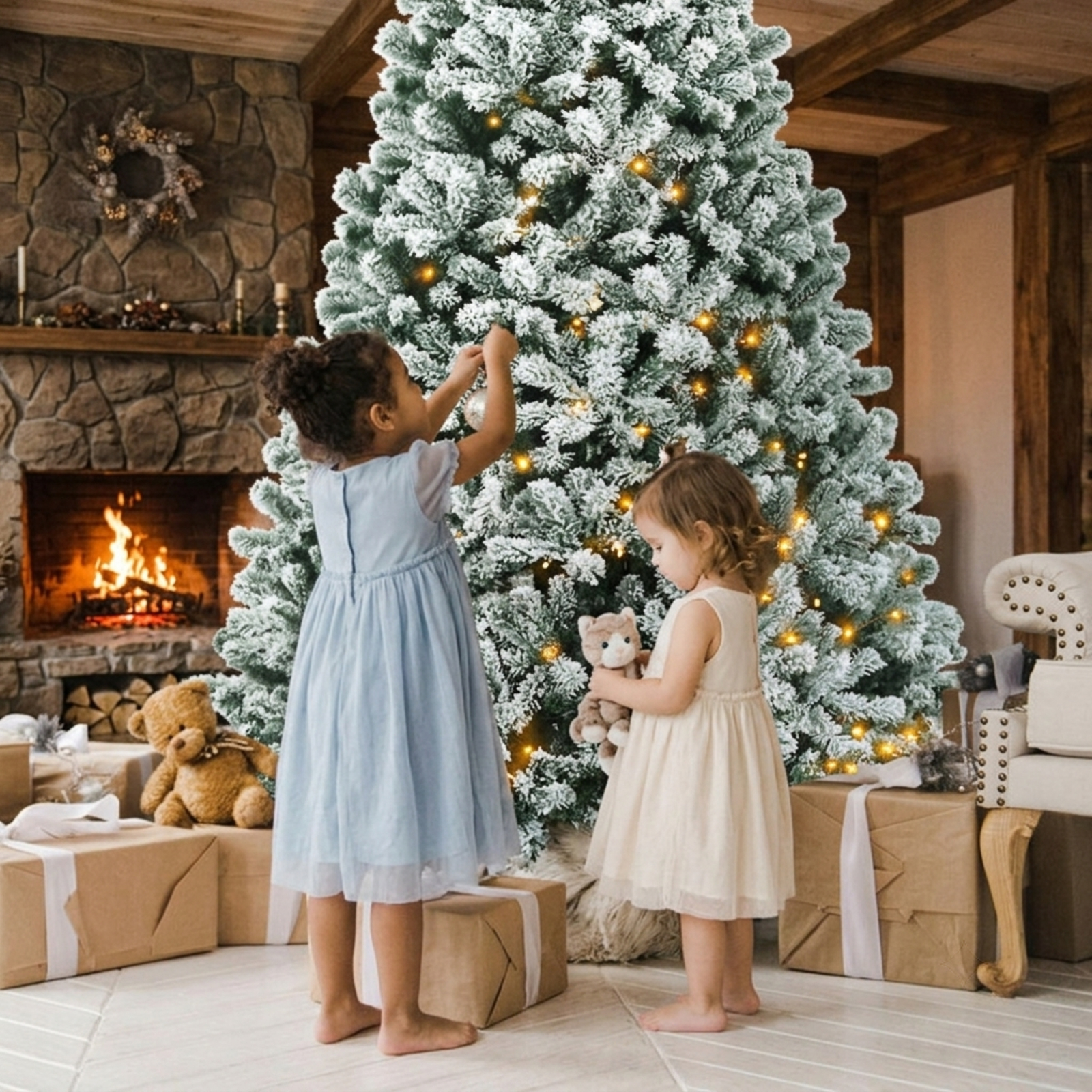 RUIE, 8 ft, Artificial Christmas Tree, with 650 LED Lights, 928 Branch Tips, Snow Flocked Holiday Xmas Tree for Indoor Home Office Decoration