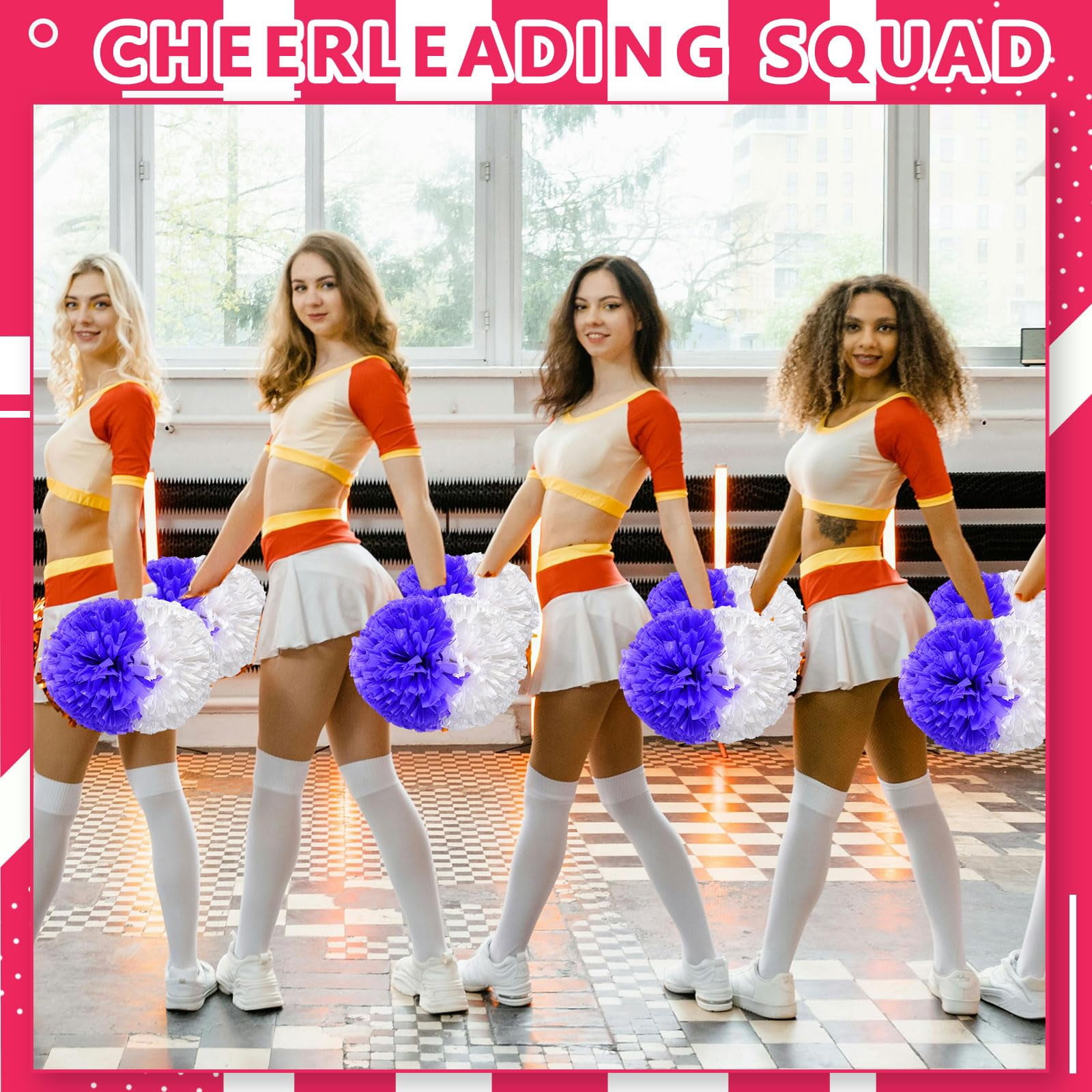 Cheer Pom Poms 8 Pcs with Handle, Cheerleading Handheld Squad Pompoms for Sports Team Cheer Spirit Games Dance Party Adults