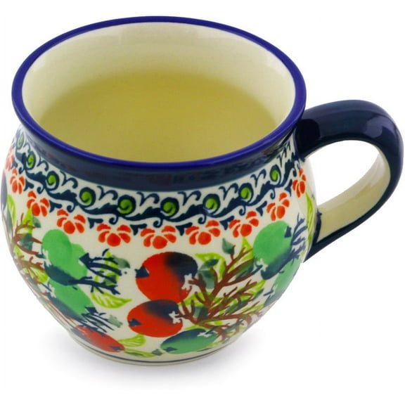 Polish Pottery 11 oz Bubble Mug (Red And Green Berries Theme) Hand Painted in Boleslawiec, Poland   Certificate of Authenticity