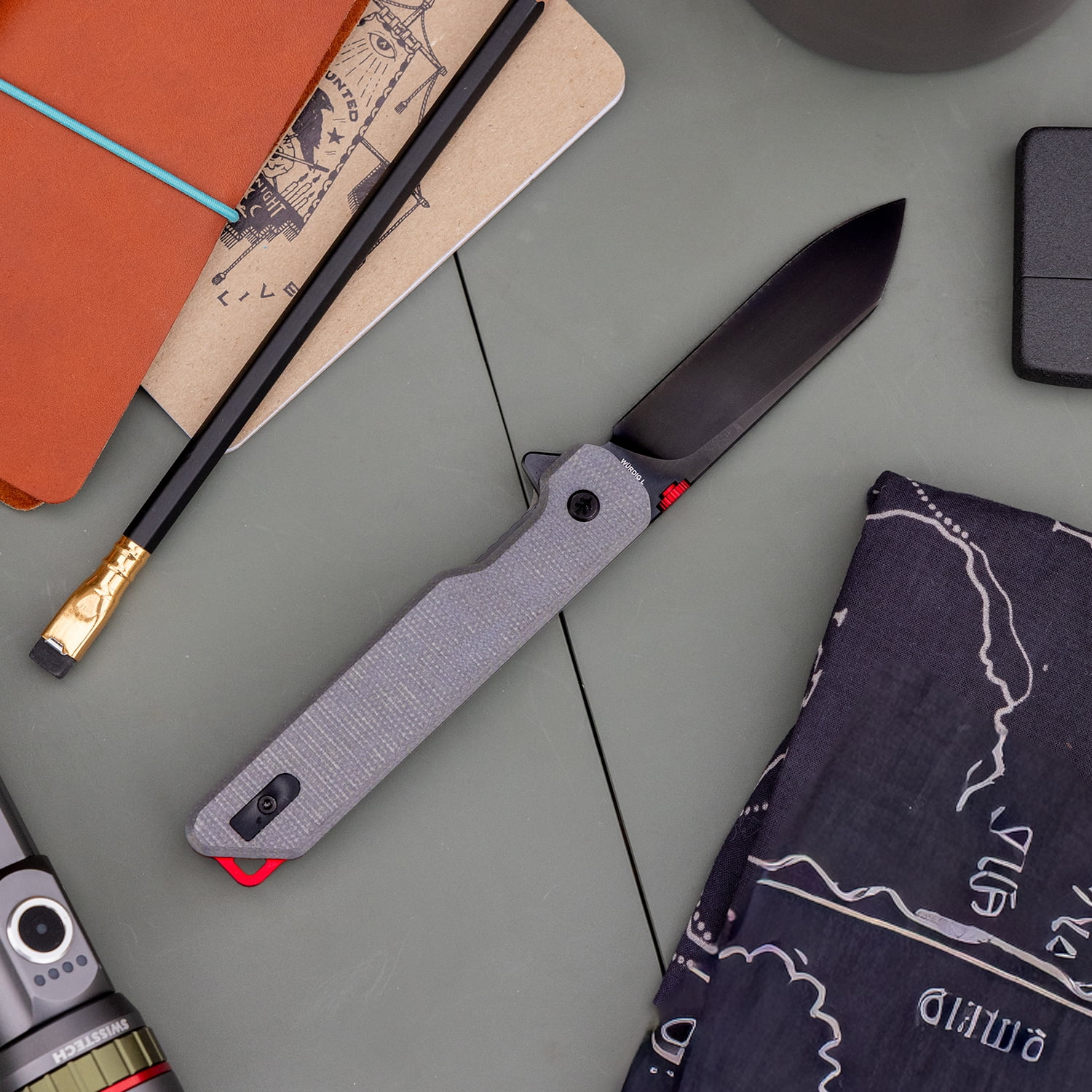 Swiss Tech WÜRDIG L Folding Pocket Knife, 3.45 in 14C28N Steel Blade, Gray Micarta Handle, Black Ti Finish, EDC