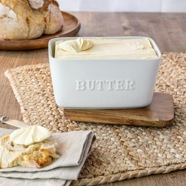Better Homes & Gardens- White and Acacia Wood Porcelain Embossed Butter Dish  
