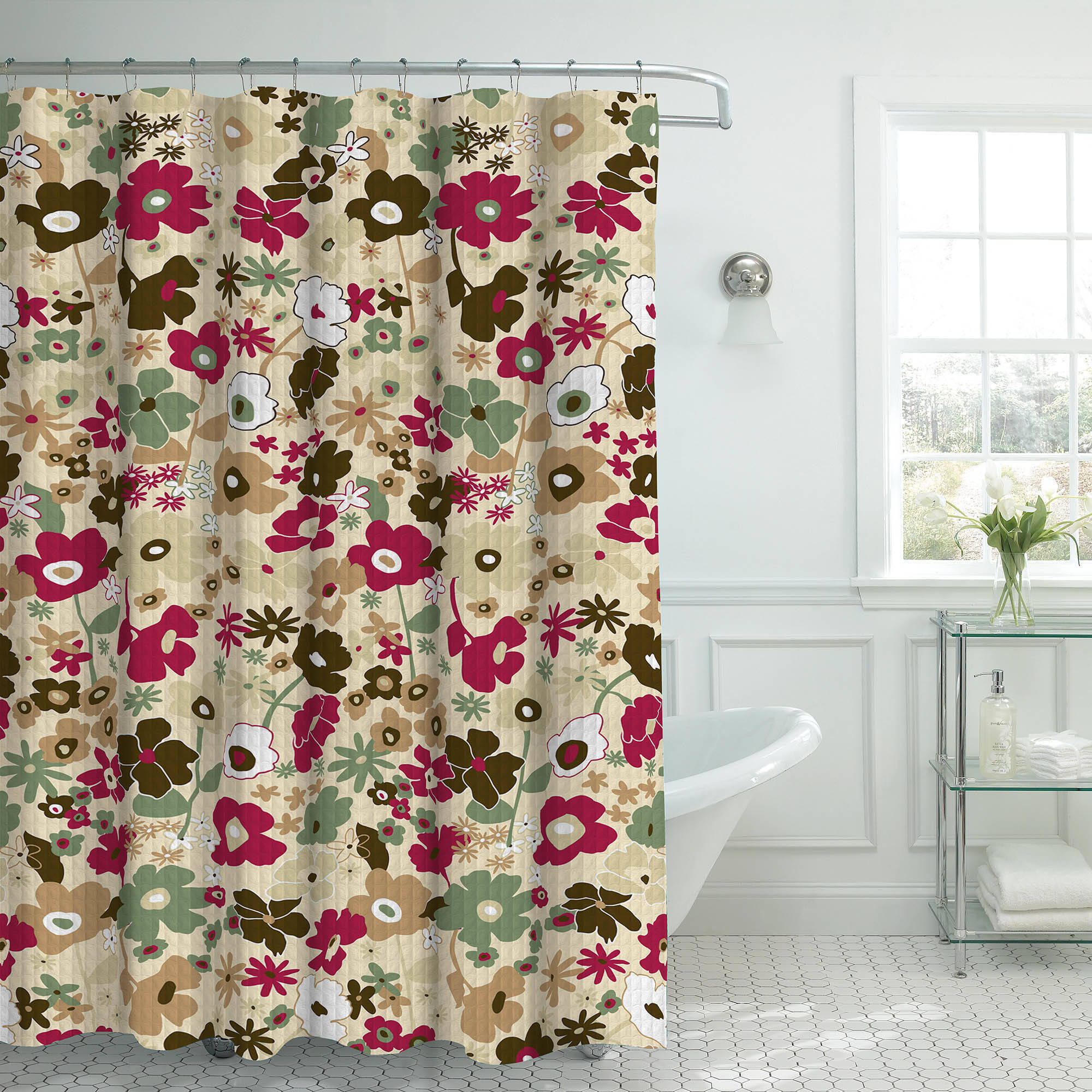 Stencil Floral Faux Linen Textured Shower Curtain with 12 Color