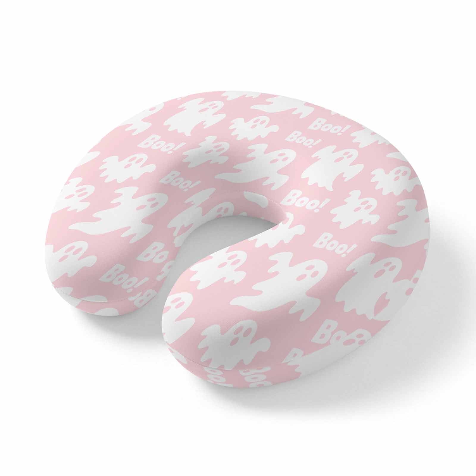 Neck Pillow for Travel Halloween White Ghost on Pink Memory Foam U Shaped Pillows Portable Headrest Horror Boo Text Neck Head Support Cushion for Home Office Car Airplane Sleeping