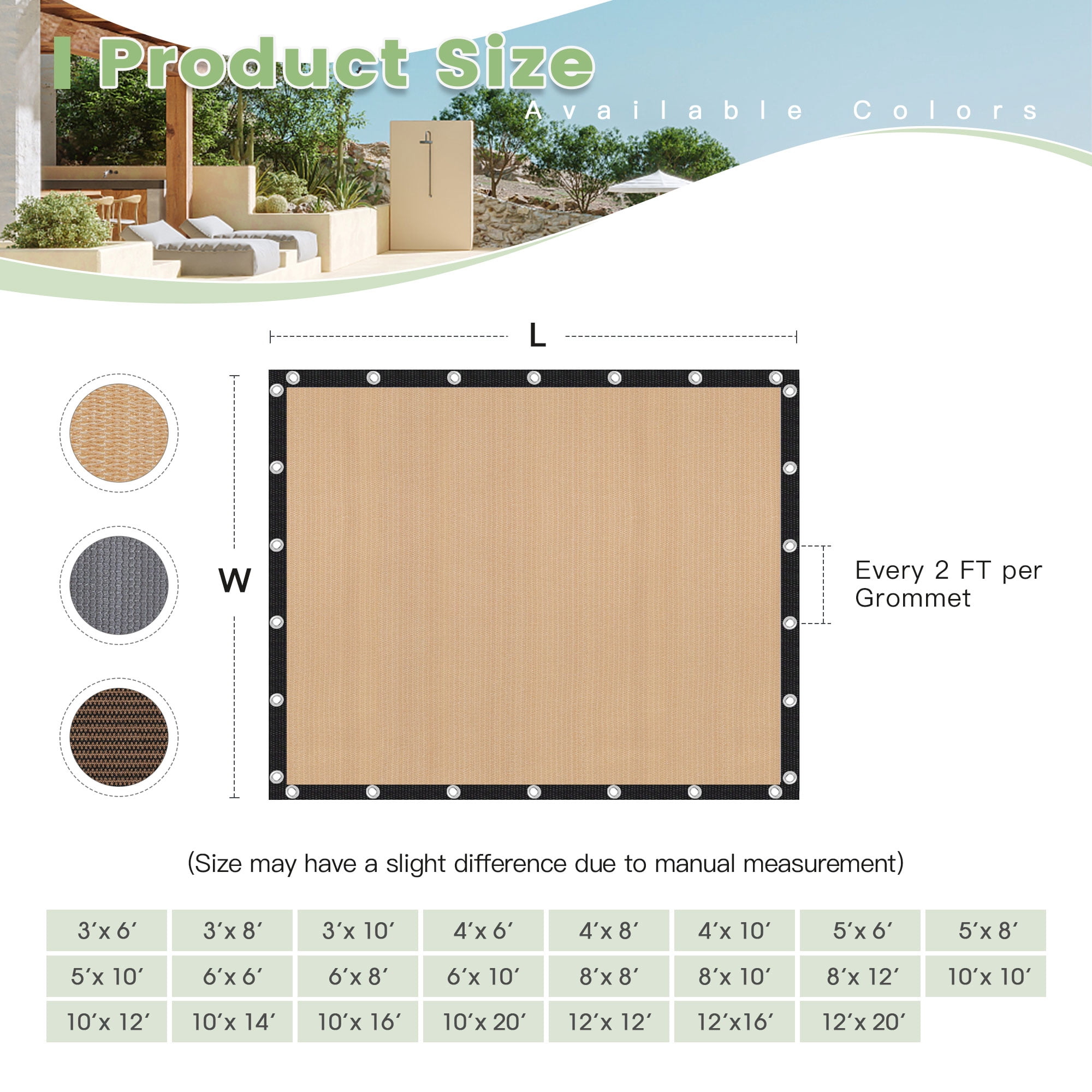 DIFY 90% UV Block Sun Shade Cloth with Grommets, 10' x 12', Wheat