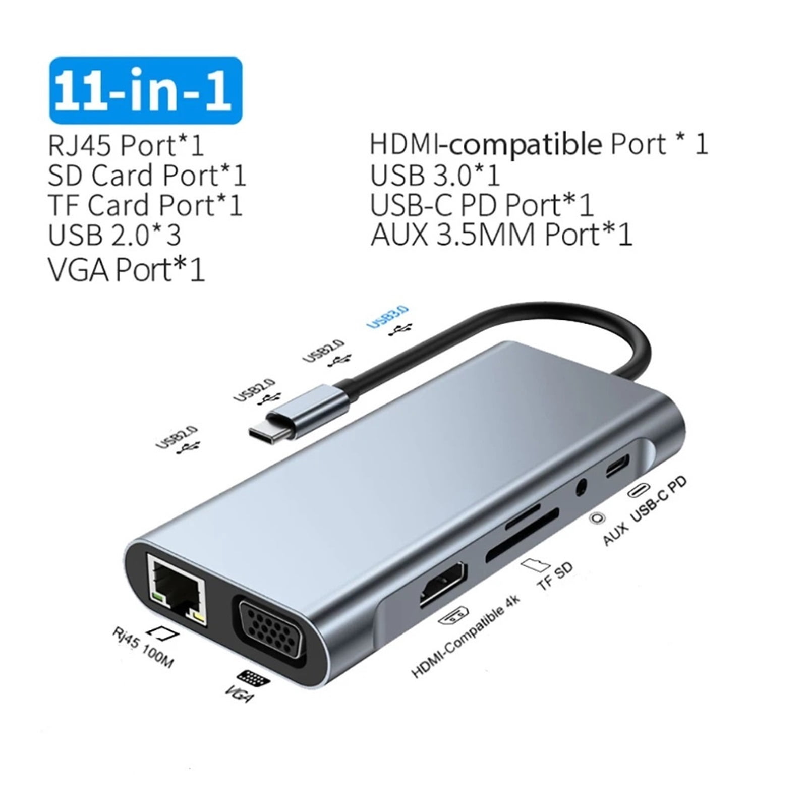 11 in 1 USB C Hub Compatible 4K Type C to HDMI VGA USB 3.0 2.0 Rj45 with PD 100W TF SD 3.5mm