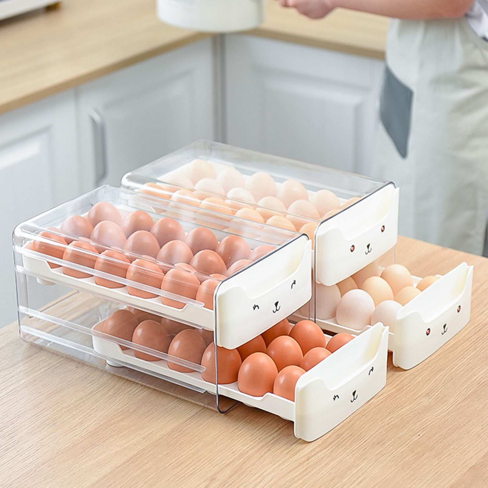 Egg Storage Double Layer Drawer Type Egg Box, Transparent Egg Container Shelf Saving Kitchen Egg Storage Box Multifunctional Egg Storage Container Drawer Bins[White]
