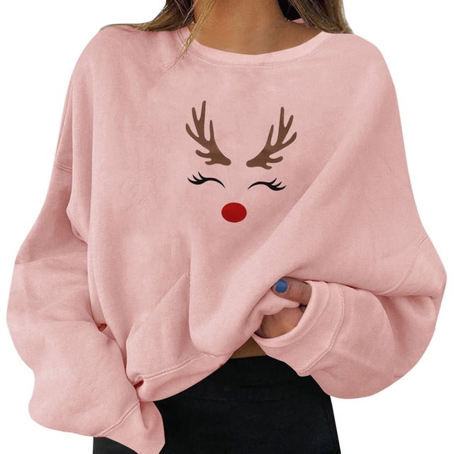 Bmisegm Pulls de Fête de Noël pour Femmes Imprimé Graphique Amusant Col Rond Manches Longues Chandails en Molleton Cadeaux Hauts Décontractés pour Femmes Rose TG