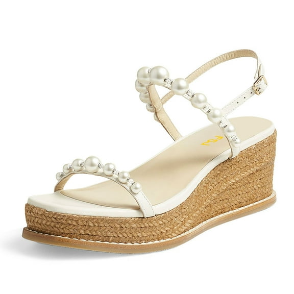 FSJ Women Stylish Pearl Round Open Toe Ankle Strap Adjustable Buckle Espadrilles Platform Wedge Low Sandals Casual Bridal Dressy Shoes Size 8 White