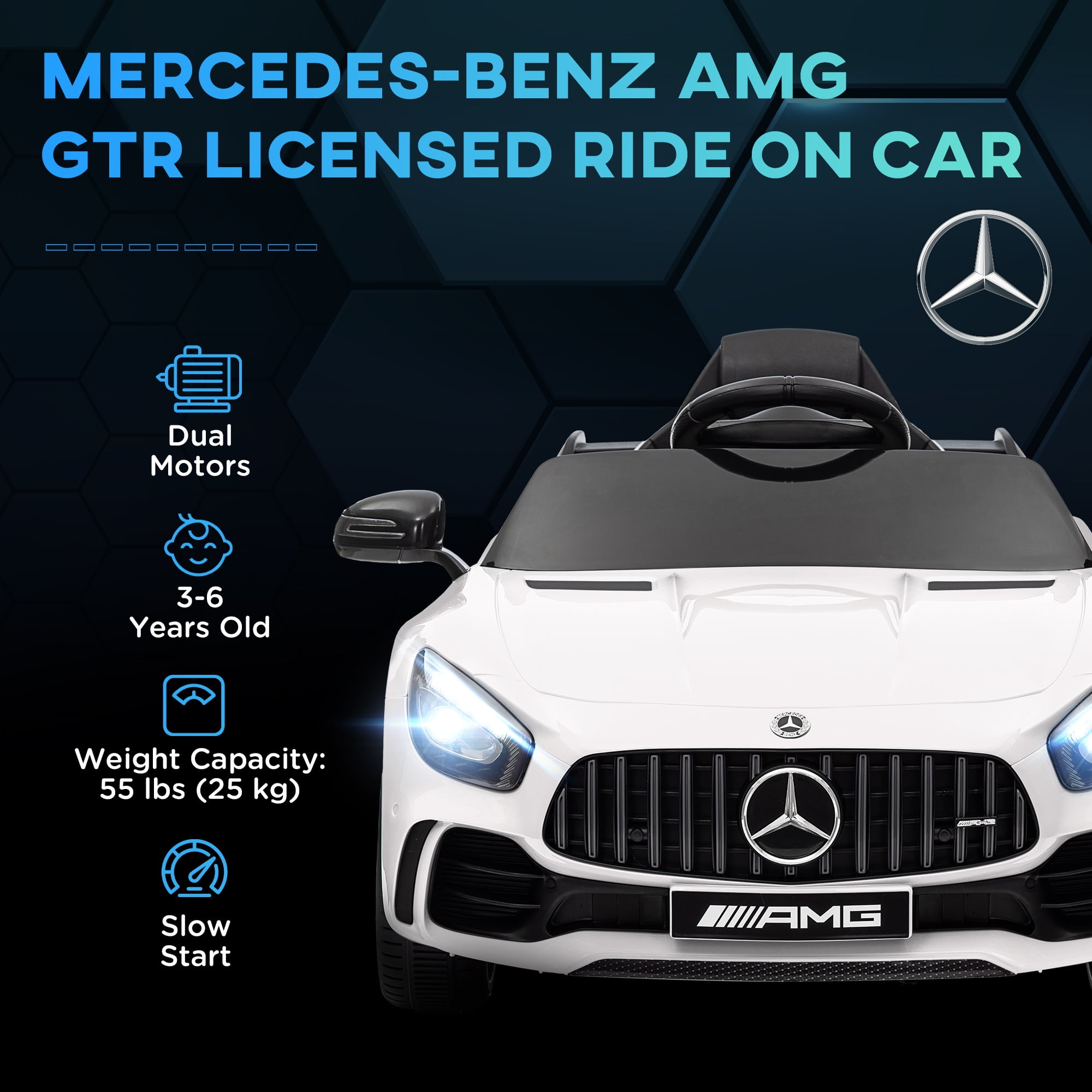 Qaba Mercedes-Benz AMG GTR Licensed 12V Kids Ride on Car with Remote Control, Soft Start, LED Lights, Music Horn & 3 Speeds for 3-6 Years, White