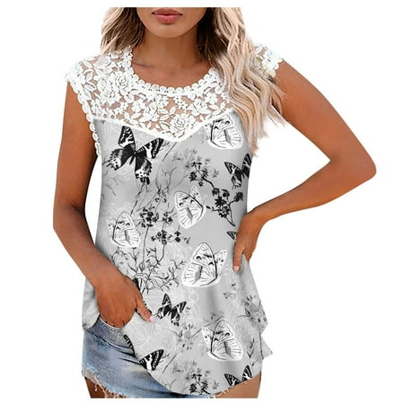 

kakina CMSX Womens Tops Plus Size Print Lace Sleeveless Tops Crewneck Splicing Tank Tops Slim Comfortable Lightweight T-Shirt Cute Tops for Teens Gray XL