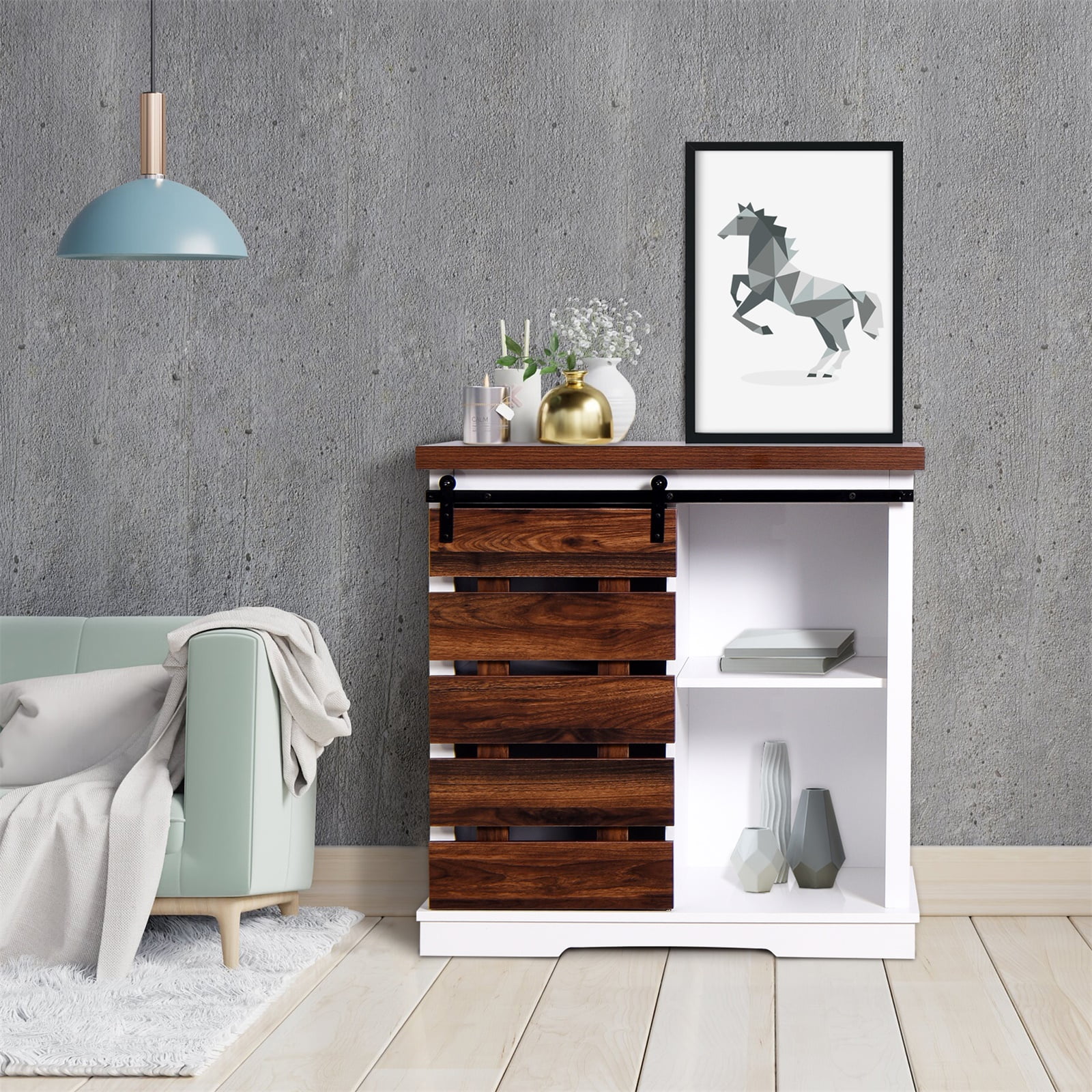 Wooden Storage Cabinet with Barn Door, Living Room Console Shelves Table, White Wooden Storage Cabinet with Barn Door, Living Room Console Shelves Table, White