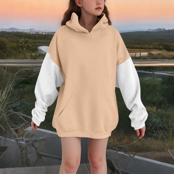 hlysgo Girls Color Block Hoodies Hooded Comfort Loose Fit Sweatshirts Fall Fashion Hoodies with Pocket Khaki,5-6Years