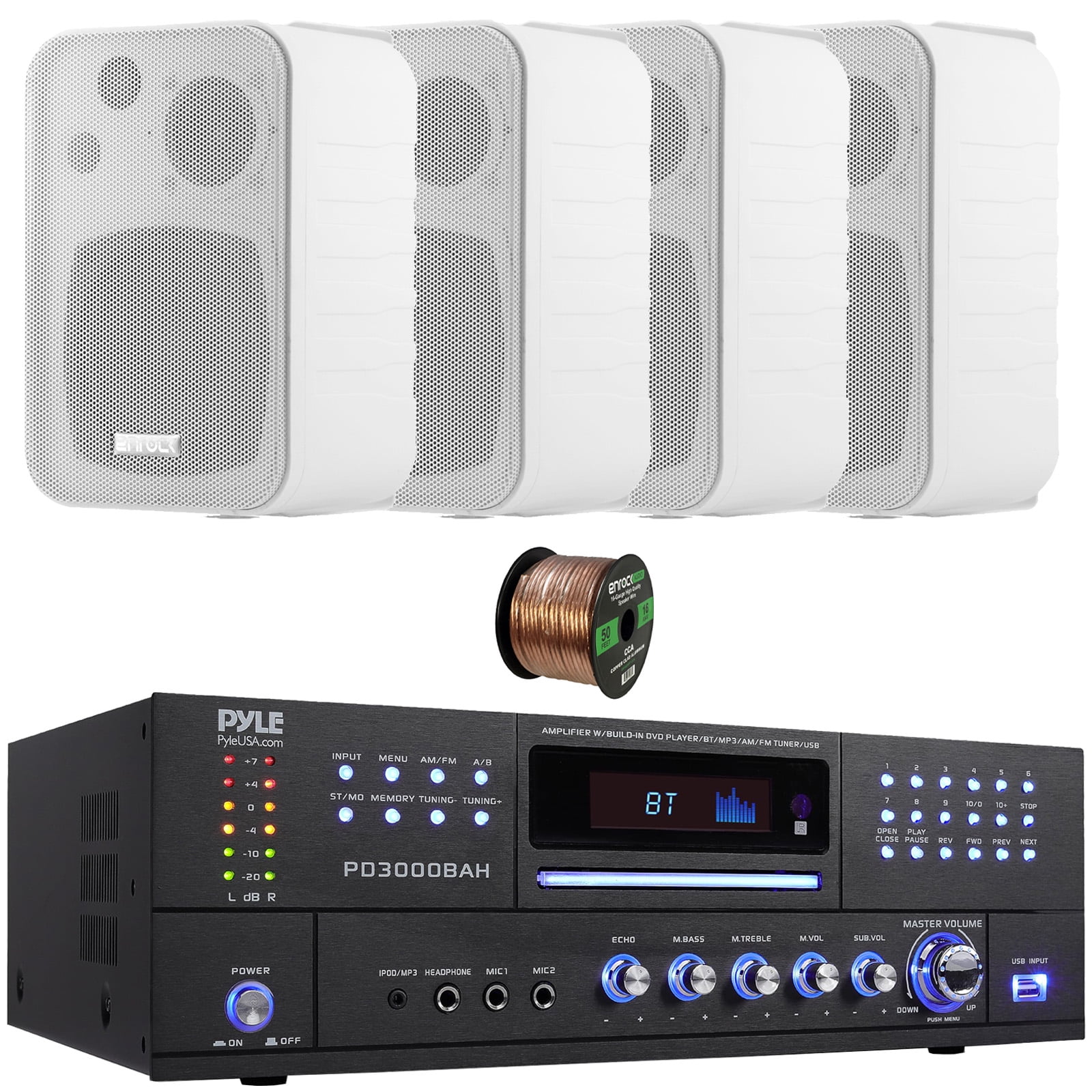 Pyle PD3000BAH 4-Channel 4000W Bluetooth Home Audio Amplifier Receiver – HDMI, USB, FM Radio, CD/DVD Player 2 Microphone, 4x 4" 30W Max Power 3-Way Indoor/Outdoor Box White Speakers W/50 Feet Wire