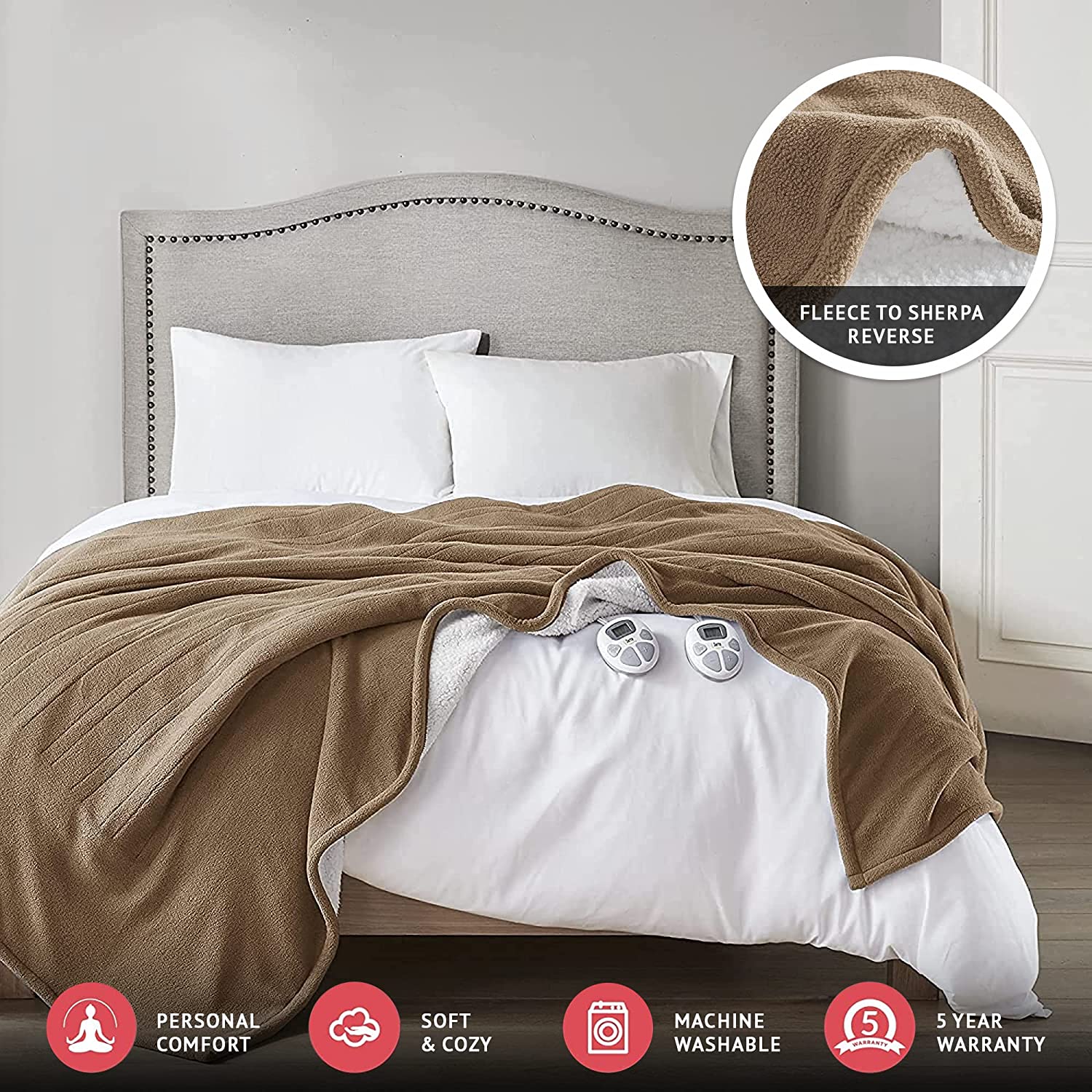 Reversible Fleece to Sherpa Electric Blanket Fast Heating Soft Cover,  Safety Auto Shut Off Timer, Low EMF, Multi Heat Setting, ETL Certified,  Machine Washable, Grey Queen (90 in x 84 in) - Walmart.com