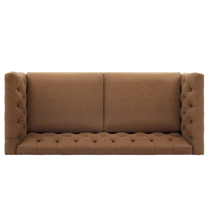 Chesterfield PU Leather 3-Seater Sofa, Upholstered Couch with Flared Arms, Tufted Back & Solid Rubber Wood Legs