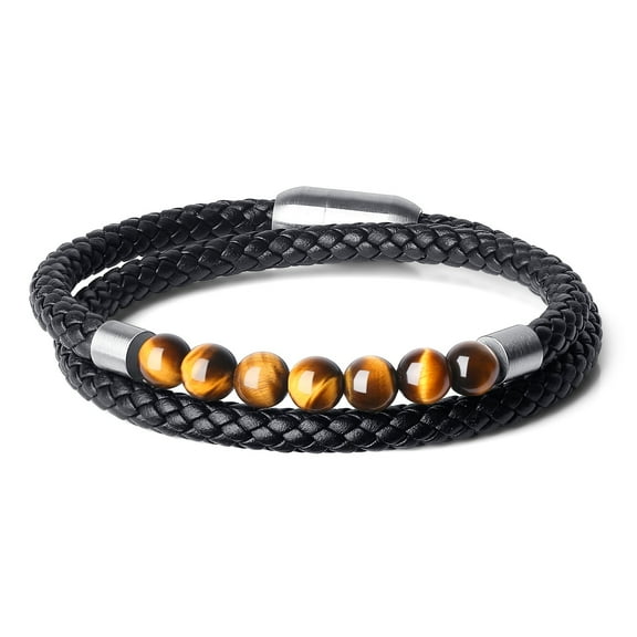 COAI Tiger Eye Stone Beaded Leather Bracelet for Women Men