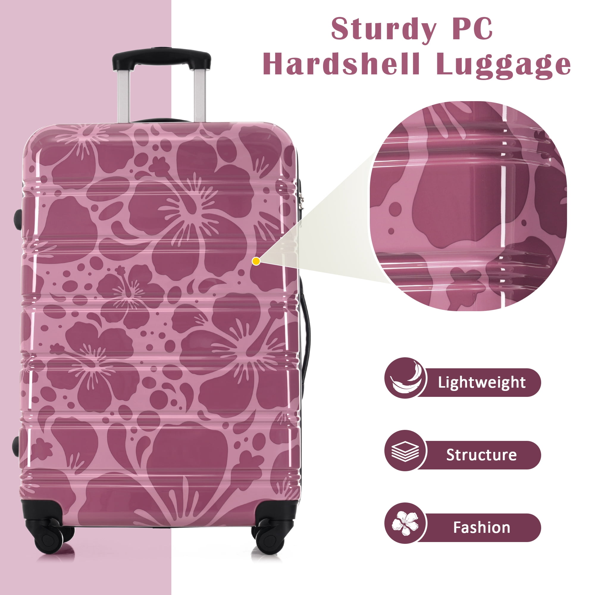 Euroco 3 Piece Luggage Sets, ABS+PC Hardshell Suitcase with TSA Lock and Spinner Wheels,Lightweight Suitcase Set for Family Travel,Pink Purple