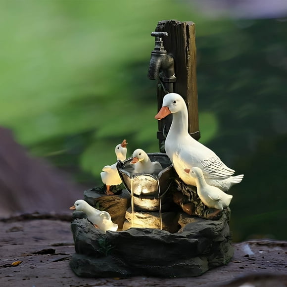 Solar Garden Duck Statue, Water Feature Outdoor Decor with LED Lights, Resin Patio Sculpture, Unique Lawn Ornament Gift