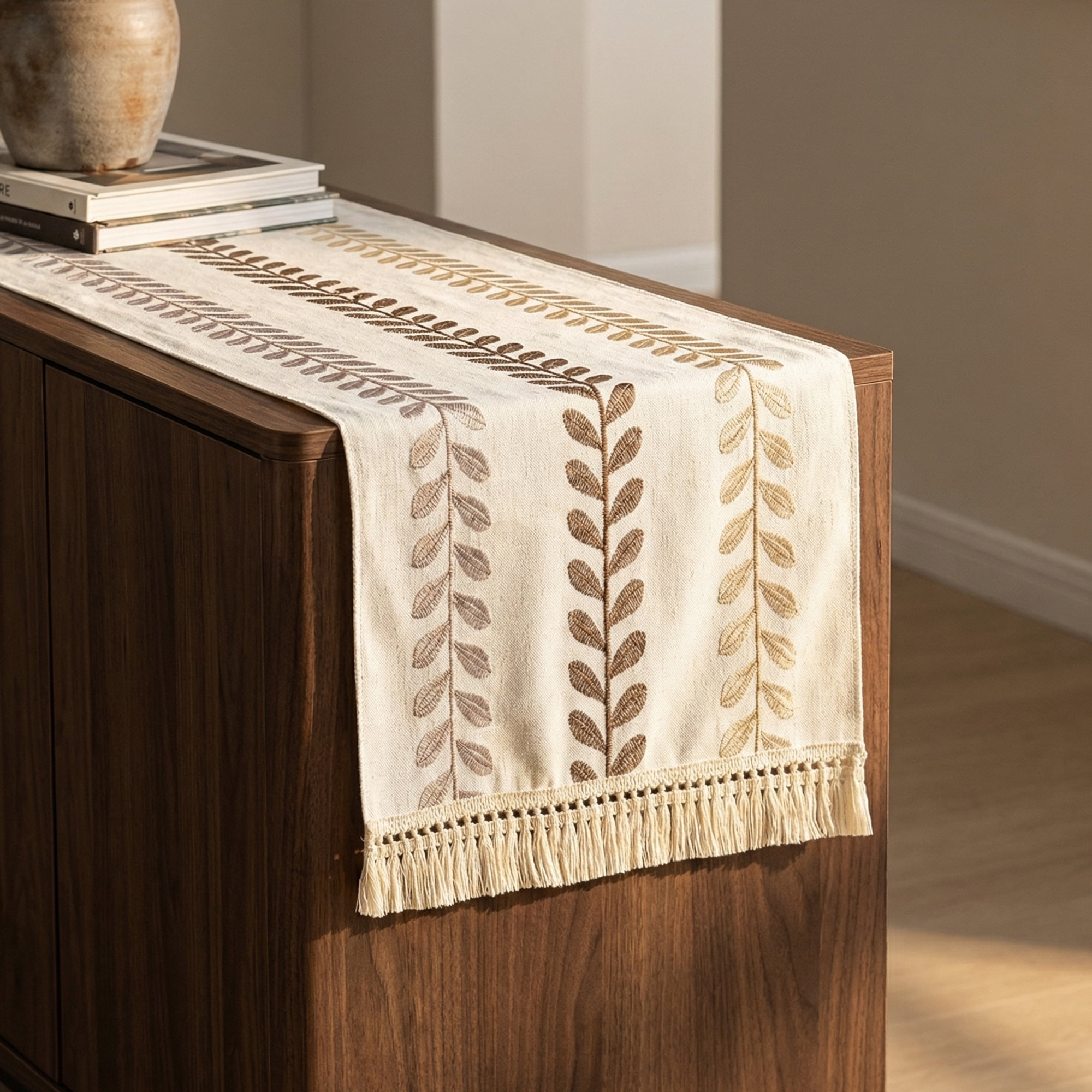 Unique Bargains Polyester Floral with Tassel Table Runner for Decor Brown 15.4"x63"