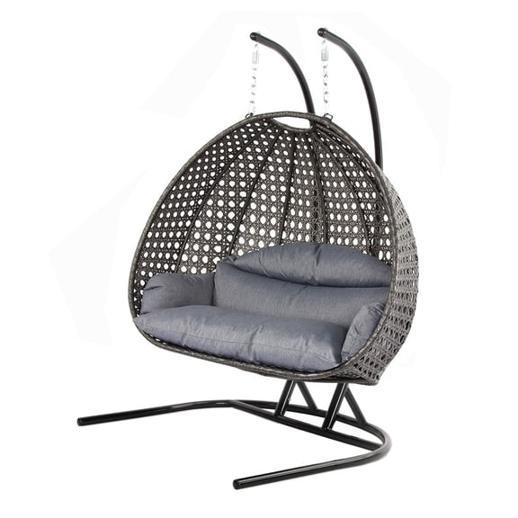 Island Gale Luxury Double Seat Outdoor Patio Hanging Wicker Swing Chair W/Cushion and a Solid One Piece U Shape Base for Easier Access (Charcoal or Latte Color Option))