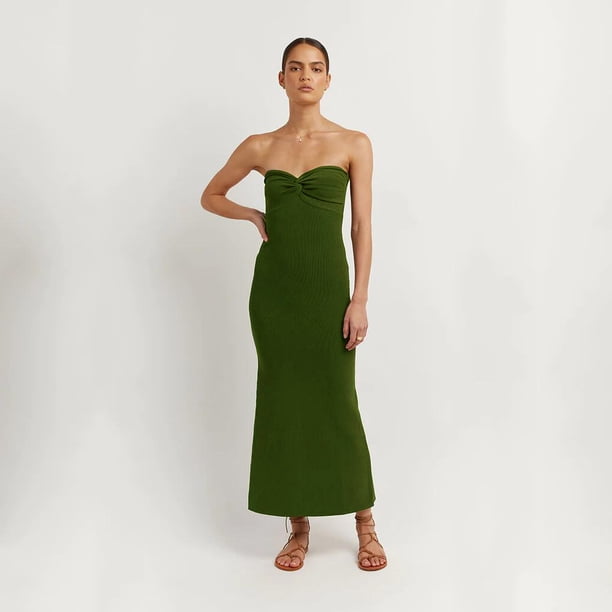 VISgogo Vestido Delgado para Mujer Color Sólido Cruzado Hombro Diseño Punto Versátil Elegante Vestido de Cóctel VISgogo moda