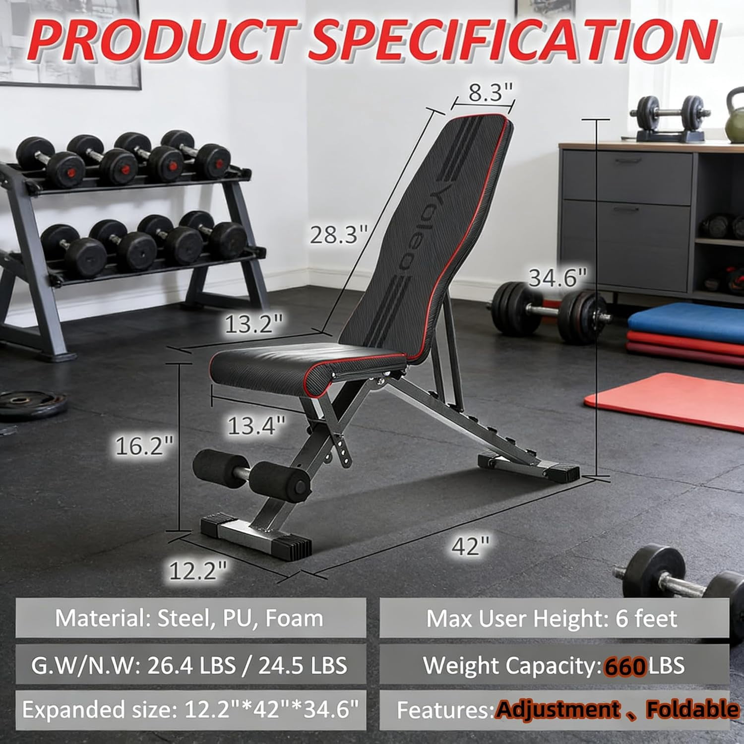 Adjustable Weight  for  Press, Heavy Duty Stable Workout  Foldable Weight Benches for Home Gym, Incline/Decline 90 Degree  Exercise